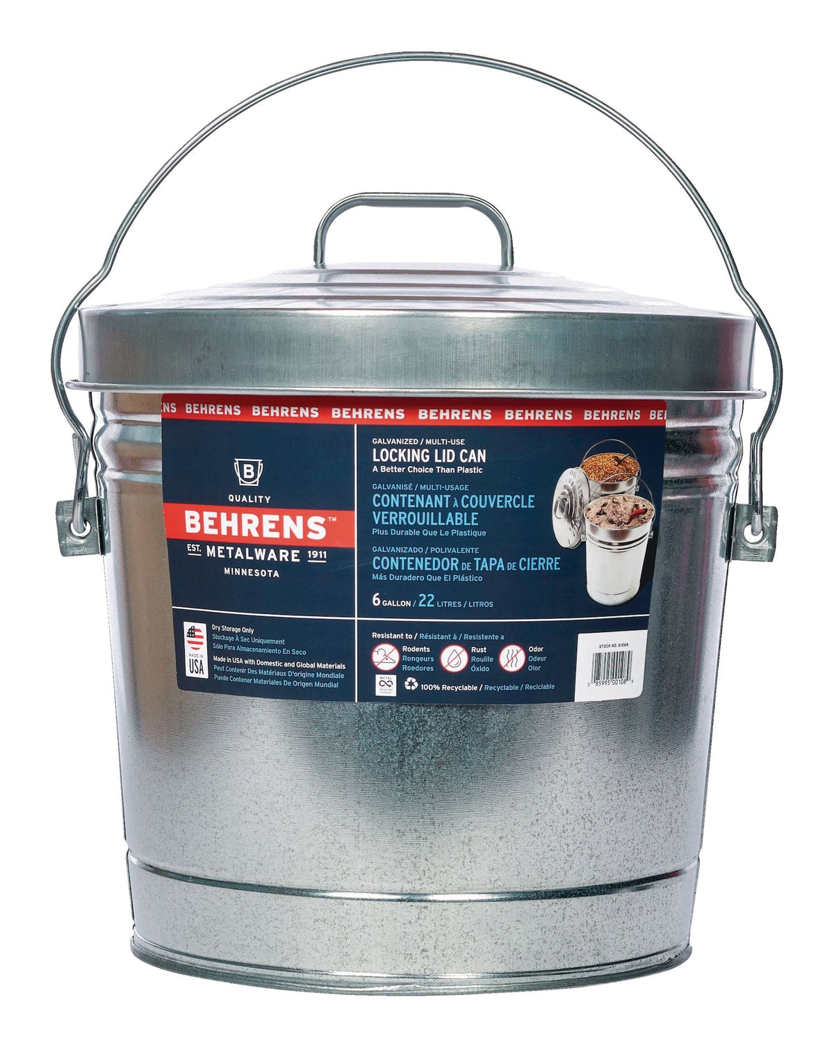 Behrens Galvanized Steel Multi-Use/Garbage Can with Locking Lid, 22-L (6 US gal)