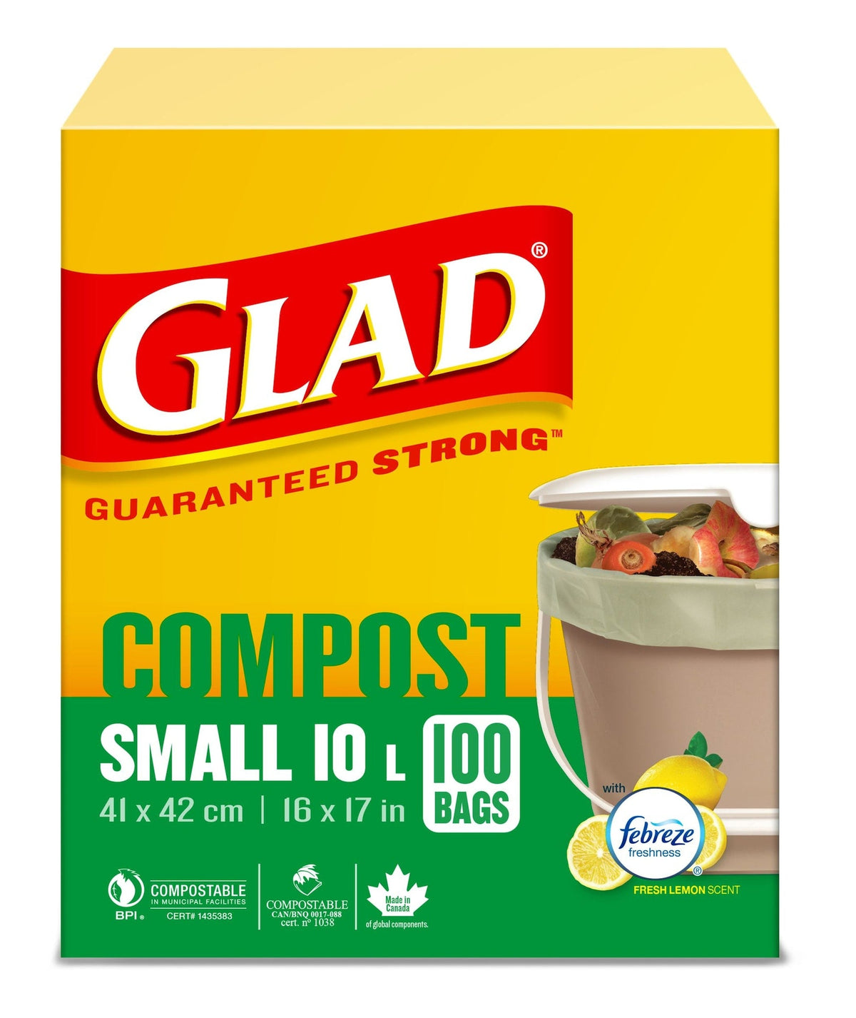 Glad Small 100% Compostable Febreze Lemon Scented Food Waste Bags, 100-pk, 10-L