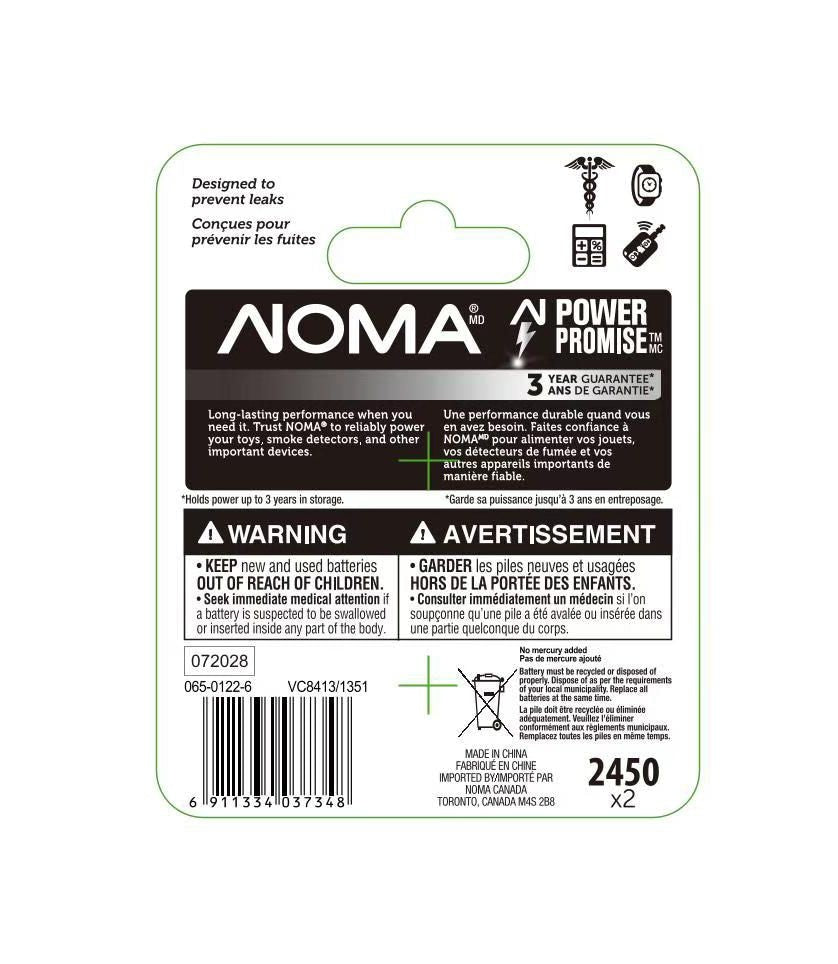 Noma CR2450 Lithium Battery, Long-Lasting Power, 2-pc