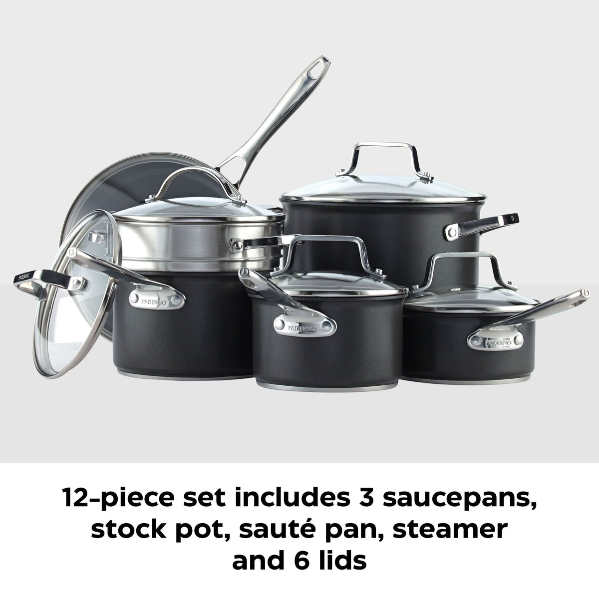 PADERNO Hard Anodized Cookware Set, Non-Stick, PFOA-Free, Dishwasher & Oven Safe, 12-pc