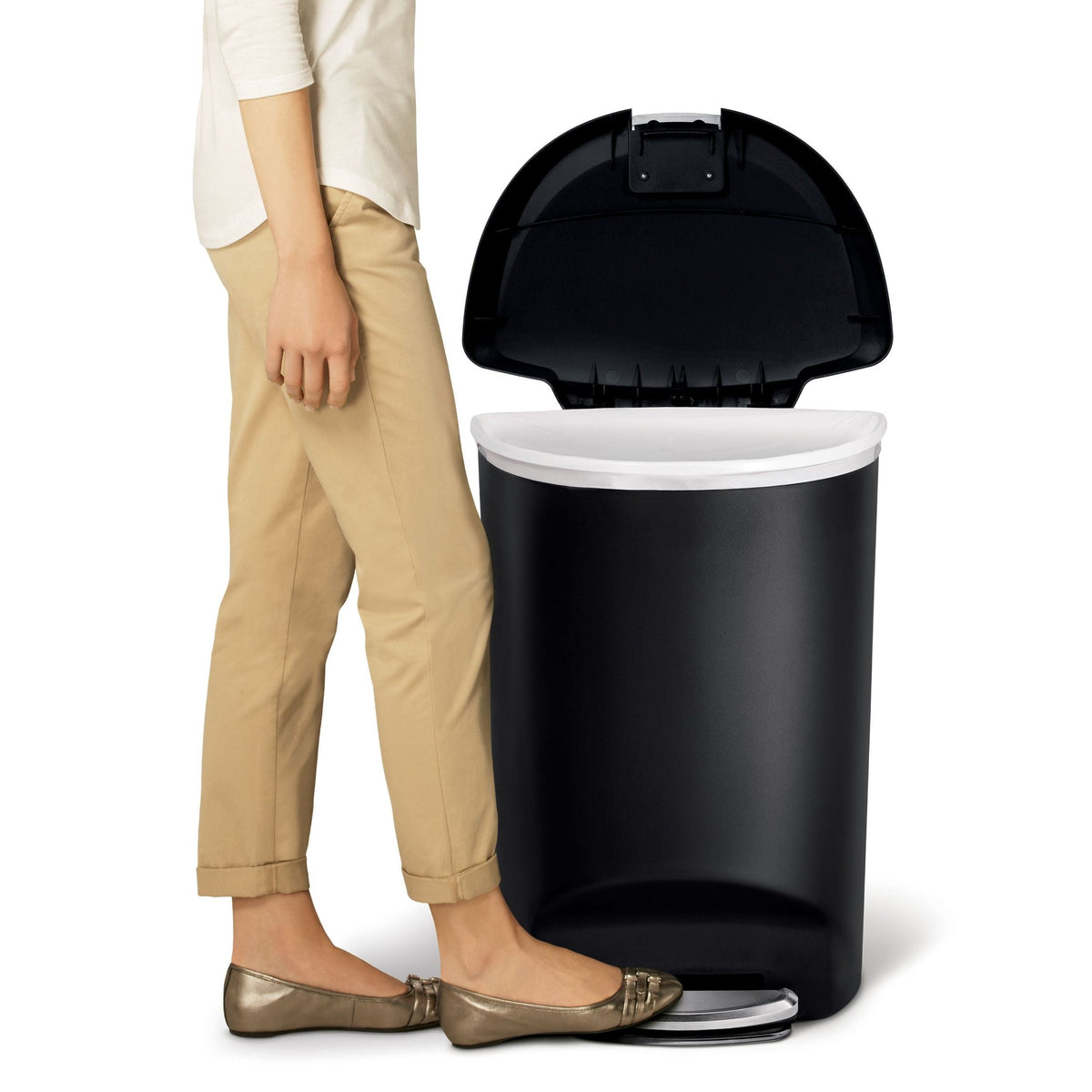 simplehuman Plastic D-Shaped Step Garbage Can, Black, 50-L