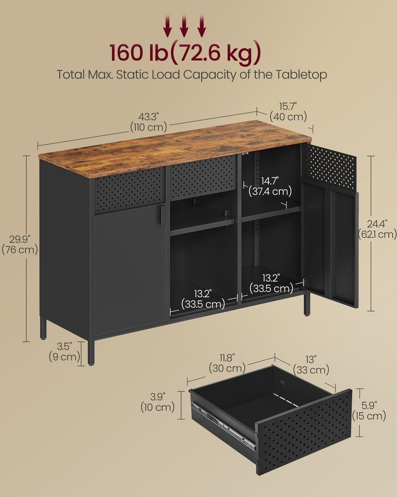 Songmics Home Rustic Brown/Black Metal Buffet Cabinet
