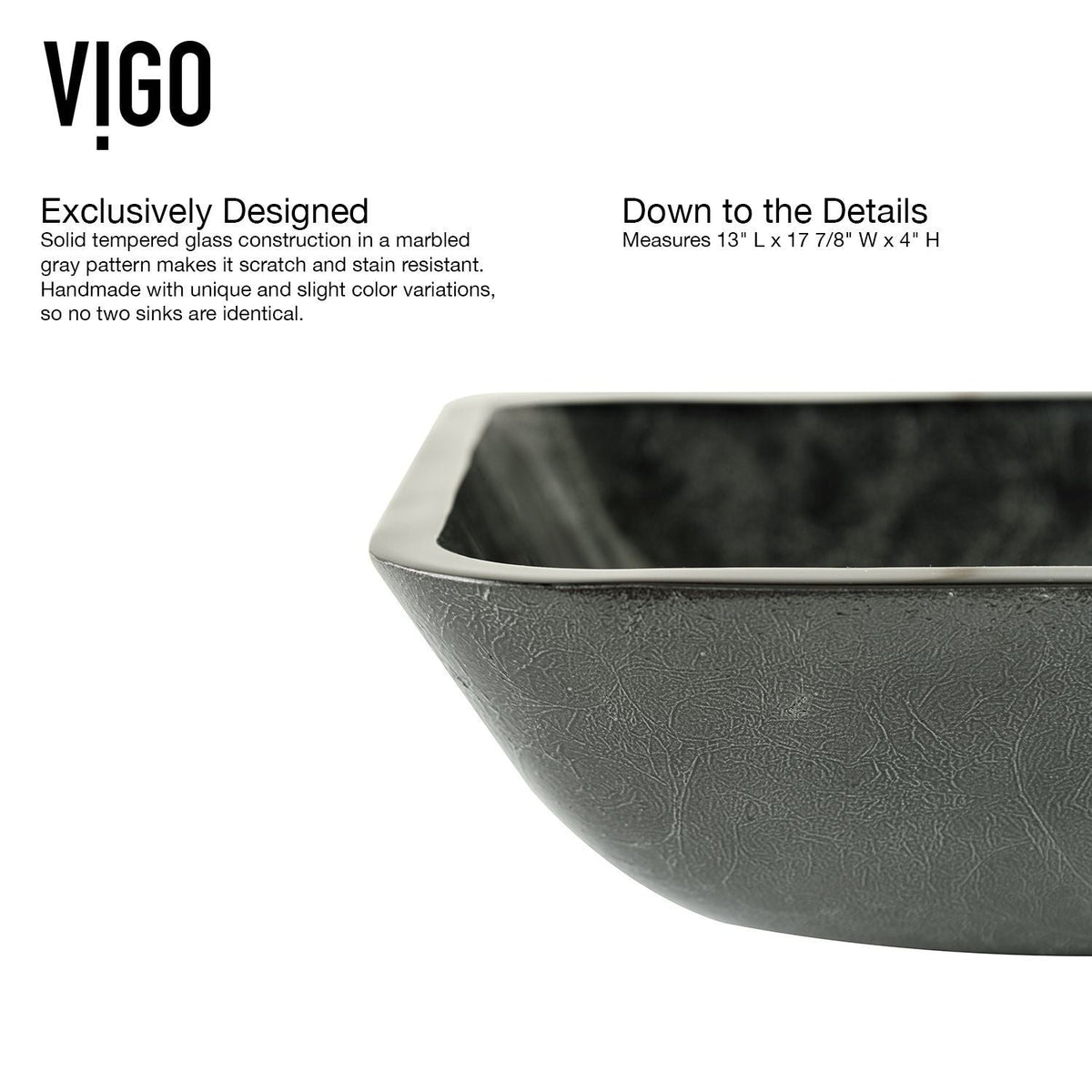 VIGO Glass Rectangular Vessel Bathroom Sink/Basin, Grey Onyx