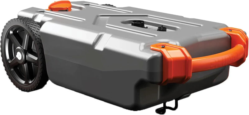28-gallon portable camping vehicle/rv travel tank | Equipped with 2 controllable non-flat-front wheels and built-in valve | Includes detachable 24-inch tow bar, 3-foot sewage hose and other RV accessories B8