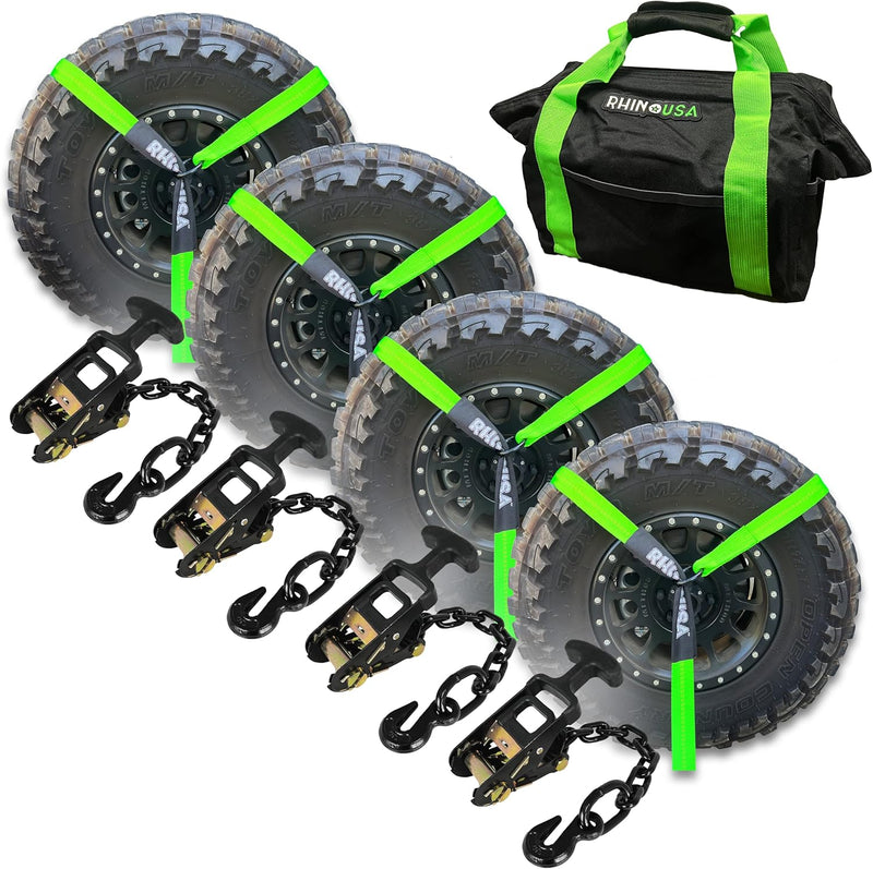 Car Tie Down Straps for Trailers with Flat Hooks (4-Pack) - 2 Inch x 8 Feet (10,000lb Break Strength) - Heavy Duty T-Handle Car Lasso Tire Straps for Trailer & UTV - Black M5