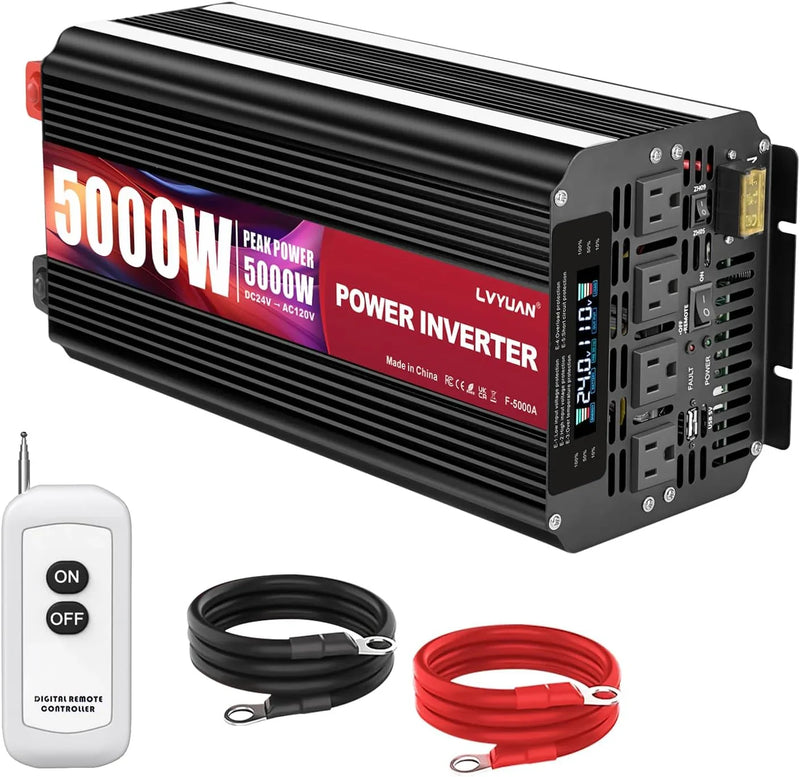 5000 Watt Power Inverter 12V to 110V 120V for Vehicle, Solar Inverter System, Heavy Duty, RV, Truck, Off Grid,Camping with 4 AC Outlets, LCD Display, Wireless Remote Control, Car Power Inverter V4