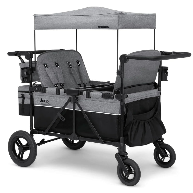 Luxurious 4-seater children's stroller - A high-end 4-seater children's stroller specially designed for 4 children, equipped with convertible seats, adjustable push-pull handles, detachable sunshade, and flat folding device. The color is grey. R8
