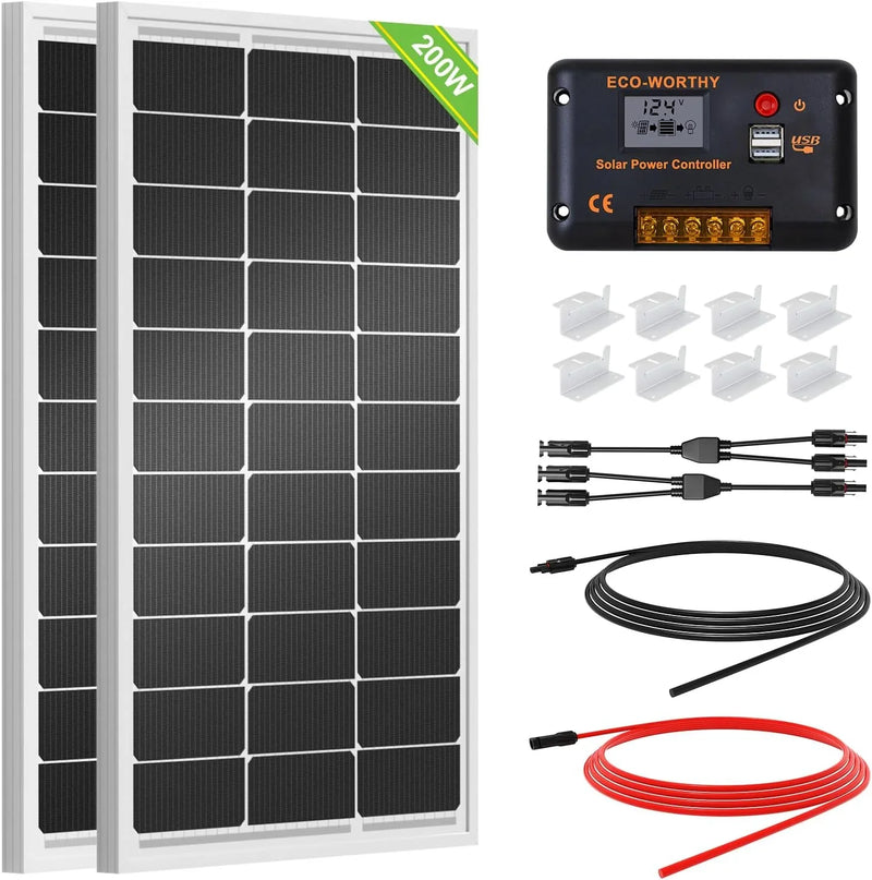 200 Watts 12 Volt/24 Volt Solar Panel Kit with High Efficiency Monocrystalline Solar Panel and 30A PWM Charge Controller for RV, Camper, Vehicle, Caravan and Other Off Grid Applications T4