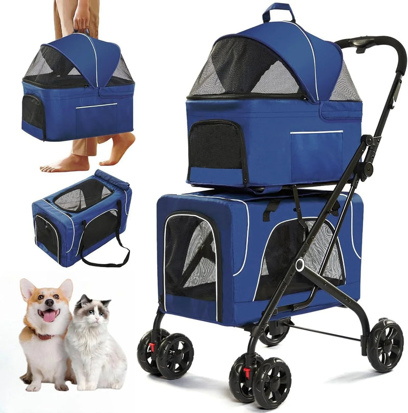 Double Dog Stroller for 2 Dogs, Detachable Carriers, Safety Belt, Lockable Wheels, Pet Travel Carrier Strolling Cart, Folding Cat Stroller for Small Medium Pets Dogs (Blue) L0