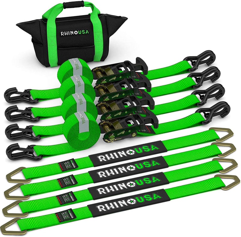 Car Tie Down Straps for Trailers with J Hooks (4-Pack) - 2 Inch x 8 Feet (10,000lb Break Strength) - Heavy Duty T-Handle Car Hauler Tire Straps for Trailer & UTV with Axle Straps - Black G1