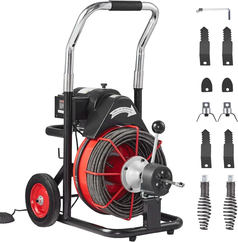 Drain Cleaner Machine 100FT x 1/2 Inch, Auto Feed Sewer Snake Auger on Wheels, 550W Portable Drain Cleaning Machine with 8 Cutters & Air-activated Foot Switch for 2" to 4" Pipes G8