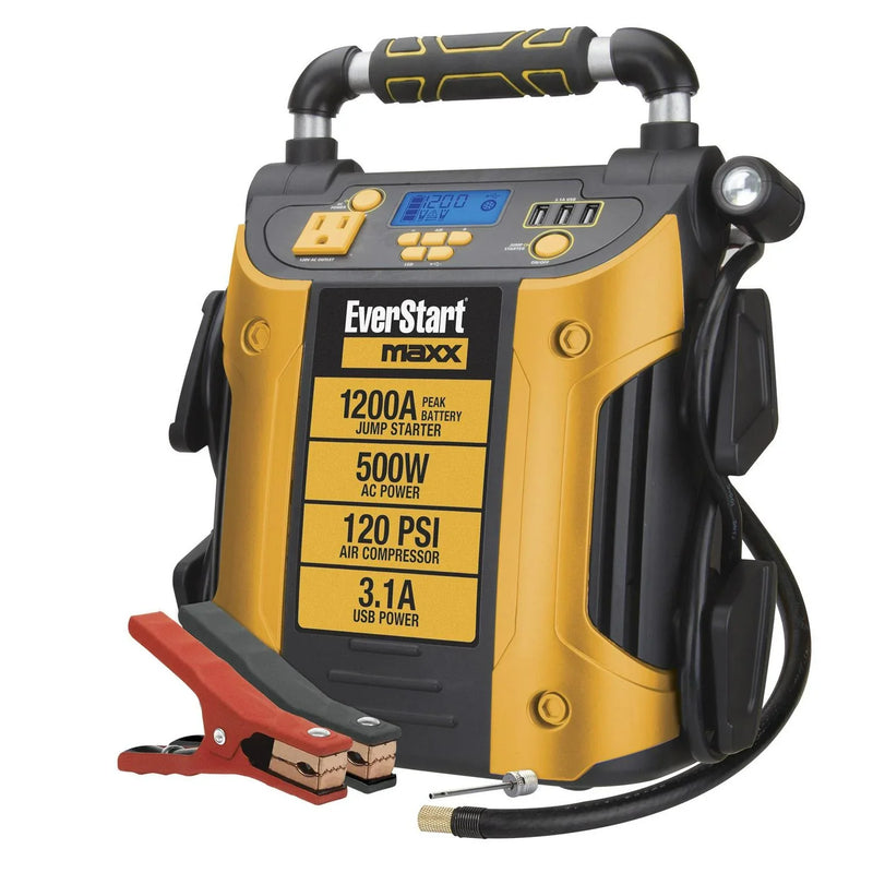 J5CPDE Jump Starter, Power Station, 1200 Peak Battery Amps with 500W Inverter and 120 PSI Compressor T9