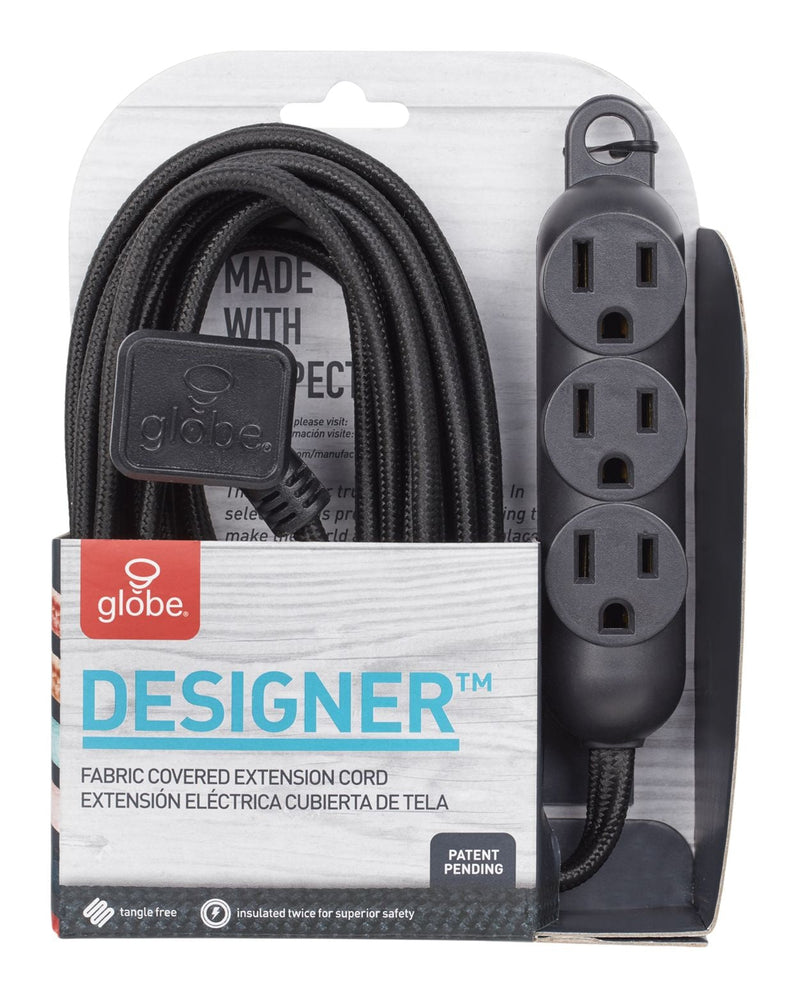 Globe 12-ft 16/3 Fabric Extension Cord, Right Angle Plug, 3 Outlets, Black N7