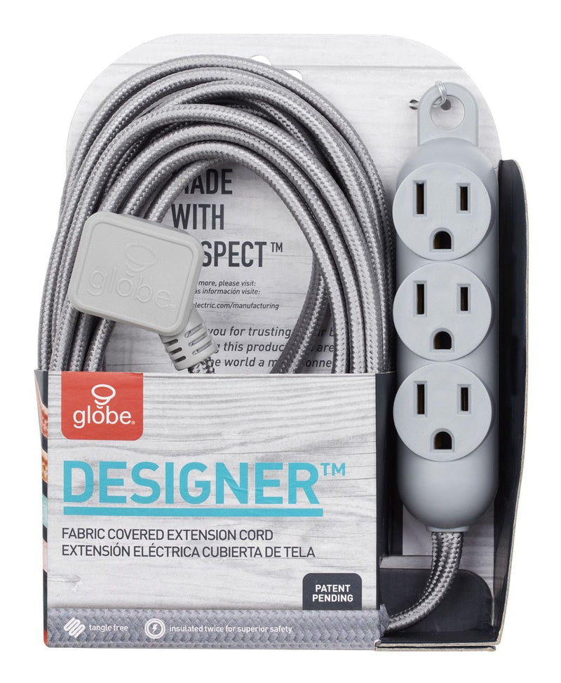 Globe 12-ft 16/3 Fabric Extension Cord, Right Angle Plug, 3 Outlets, Grey K6