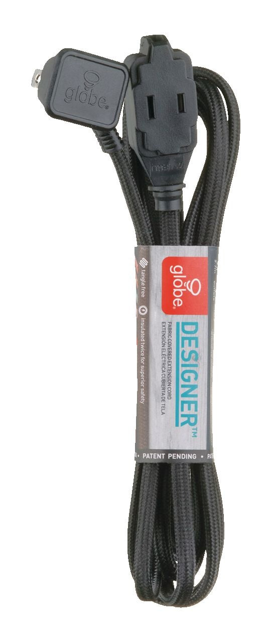 Globe 9-ft 16/2 Fabric Extension Cord, Right Angle Plug, 3 Outlets, Black G2