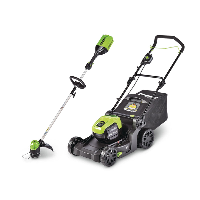 Greenworks 2-in-1 60V 4Ah Battery, Cordless Push Lawn Mower + String Trimmer, 17-in + 13-in Y5