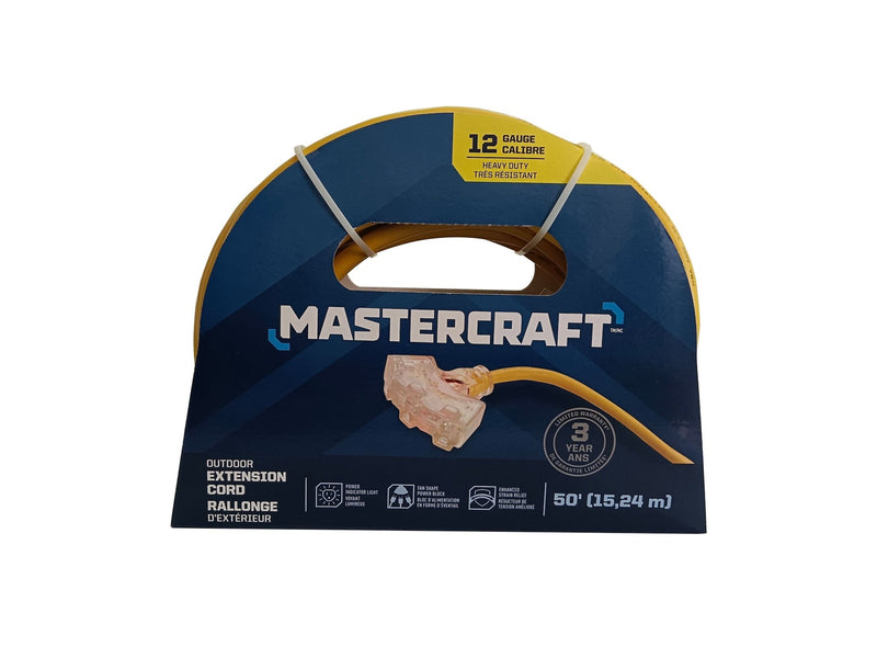 Mastercraft 12/3 Yellow Outdoor Extension Cord with 3 Grounded Outlets and Lighted End I6