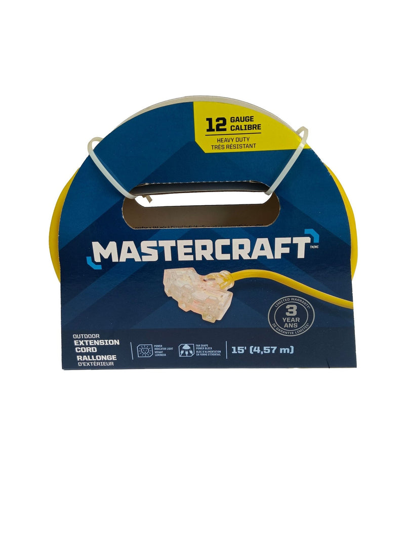 Mastercraft 15-ft 12/3 Outdoor Extension Cord with 3 Grounded Outlets and Lighted End, Yellow M0