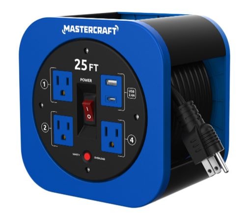 Mastercraft 25-ft 13A 3-Outlet/1 USB-A and 1 USB-C Extension Cord Reel C0