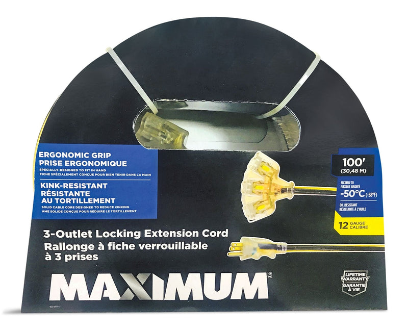 MAXIMUM 100-ft 12/3 Outdoor Extension Cord with 3 Grounded Outlets, Lighted End and Locking Connector, Yellow/Black H6