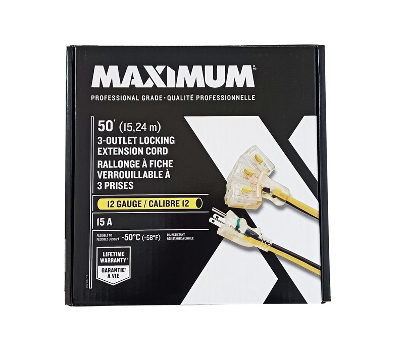MAXIMUM 3-Outlet Locking Extension Cord, 50-ft, Yellow/Black A0