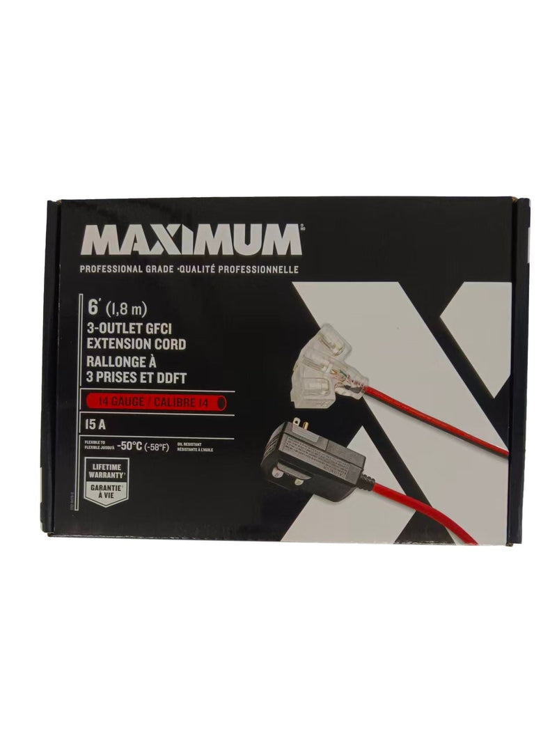 MAXIMUM 6-ft 14/3 Outdoor GFCI Extension Cord with 3 Grounded Outlets, Lighted End, Block/Red Y7