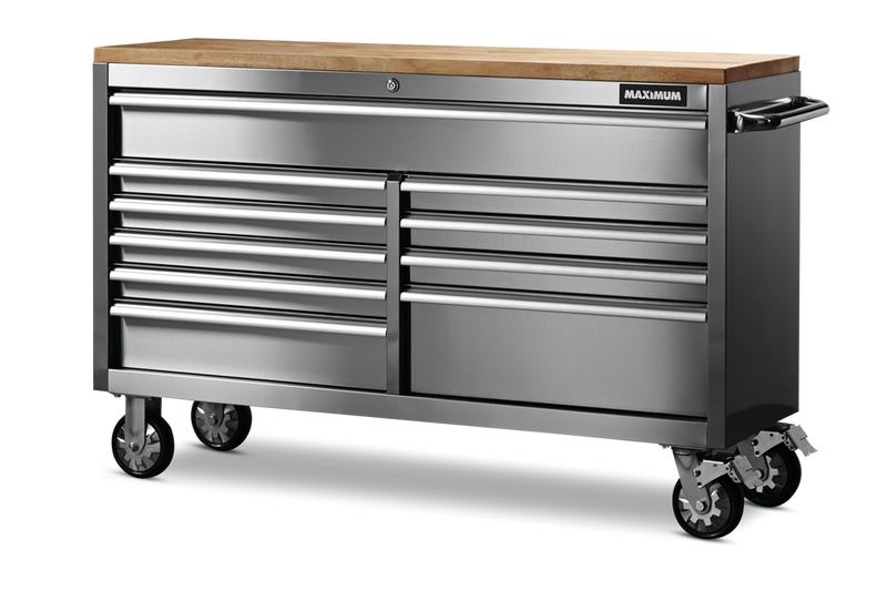 MAXIMUM Butcher Block Top Rolling Tool Storage Cabinet with 10 Drawers, Stainless Steel, 56-in K2