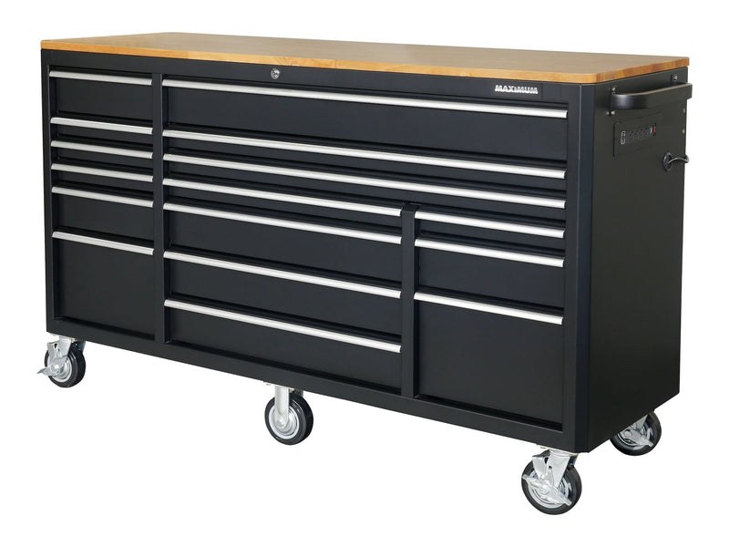 MAXIMUM Tool Cabinet with Wood Top and 4-Outlet Power Strip, Black, 74x24-in G3
