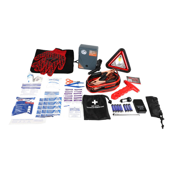 MotoMaster Executive Safety Kit with Booster Cables, Air Compressor & LED Flares B3