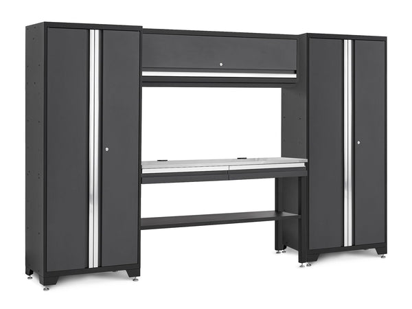 NewAge Bold 3.0 Series Lockable Steel Garage Cabinetry Set with Stainless Steel Top, Grey, 120-in x 18-in x 72-in, 5-pc Z1