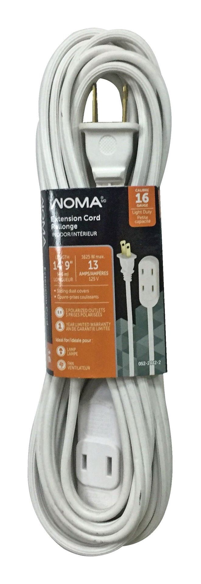 NOMA 14-ft 9-in 16/2 Indoor Extension Cord, Light-Duty, 3 Outlets, White D4