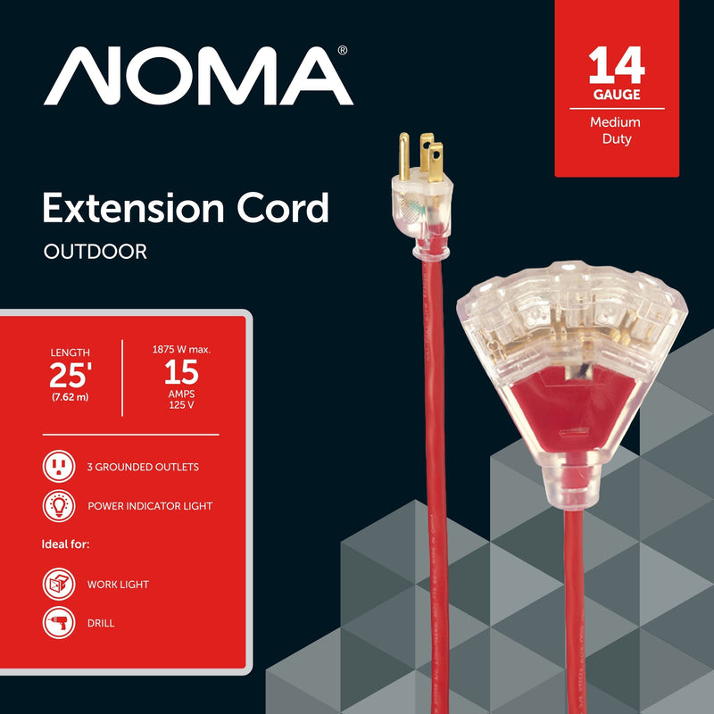 NOMA 14/3 Outdoor Extension Cord with 3 Grounded Outlets & Lighted End, Red X6