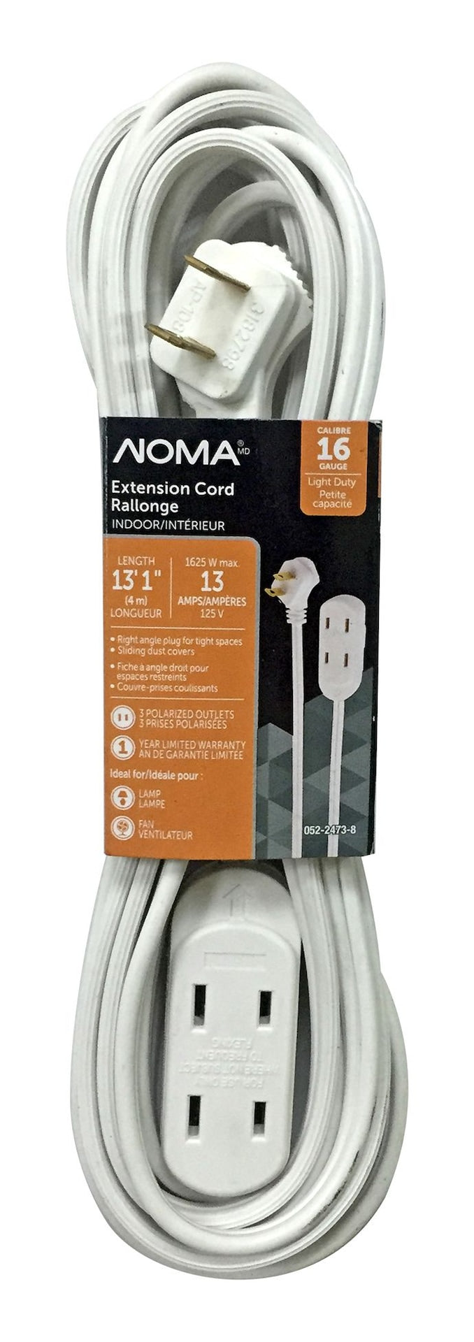 NOMA 15-ft 16/2 Indoor Extension Cord, 3 Outlets, Flat Plug, White O9