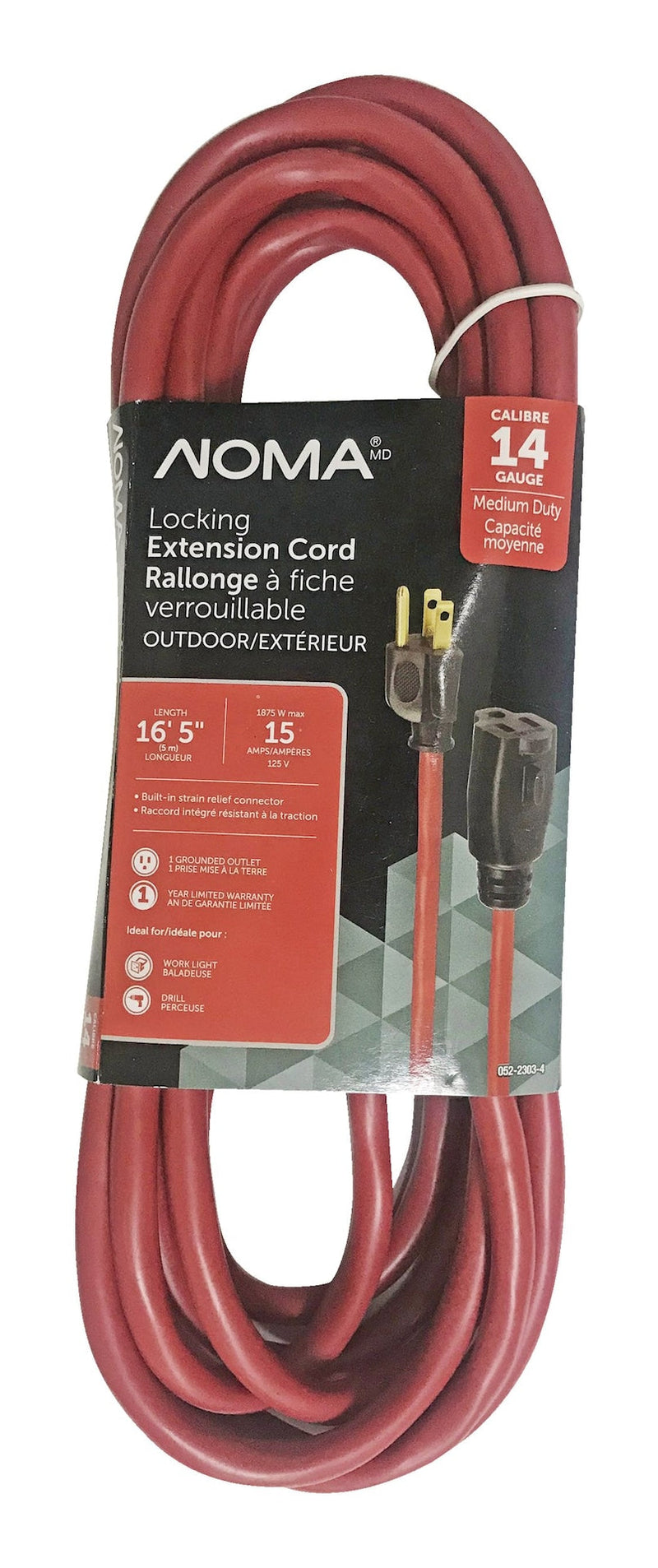 NOMA 16-ft 5-in 14/3 Outdoor Extension Cord with Grounded Outlet and Locking Connector, Red F2