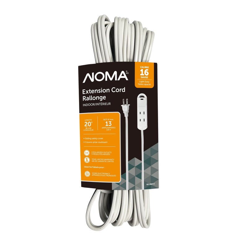 NOMA 20-ft 13A 3-Outlet/1-USB-C Light-Duty 16-Gauge White Indoor Extension Cord I0