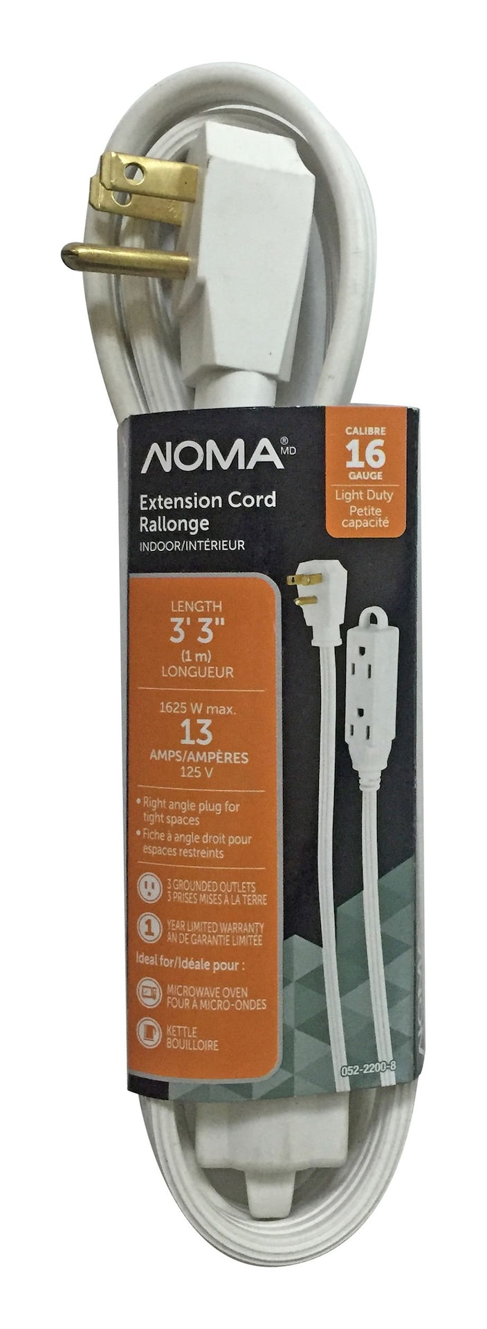 NOMA 3-ft 3-in 16/3 Indoor Extension Cord with Right Angle Plug, 3 Grounded Outlets, White W9