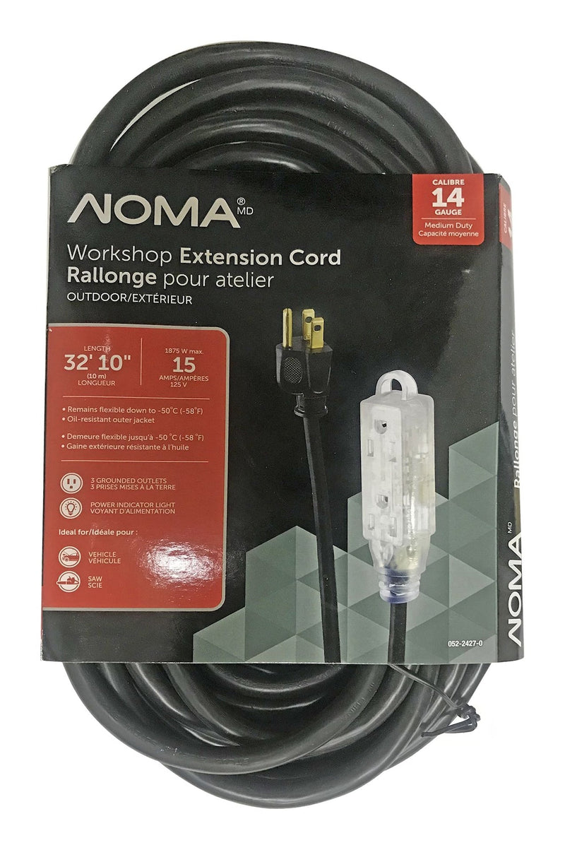NOMA 32-ft 10-in 14/3 Outdoor Extension Cord with 3 Grounded Outlets and Lighted End, Black C2