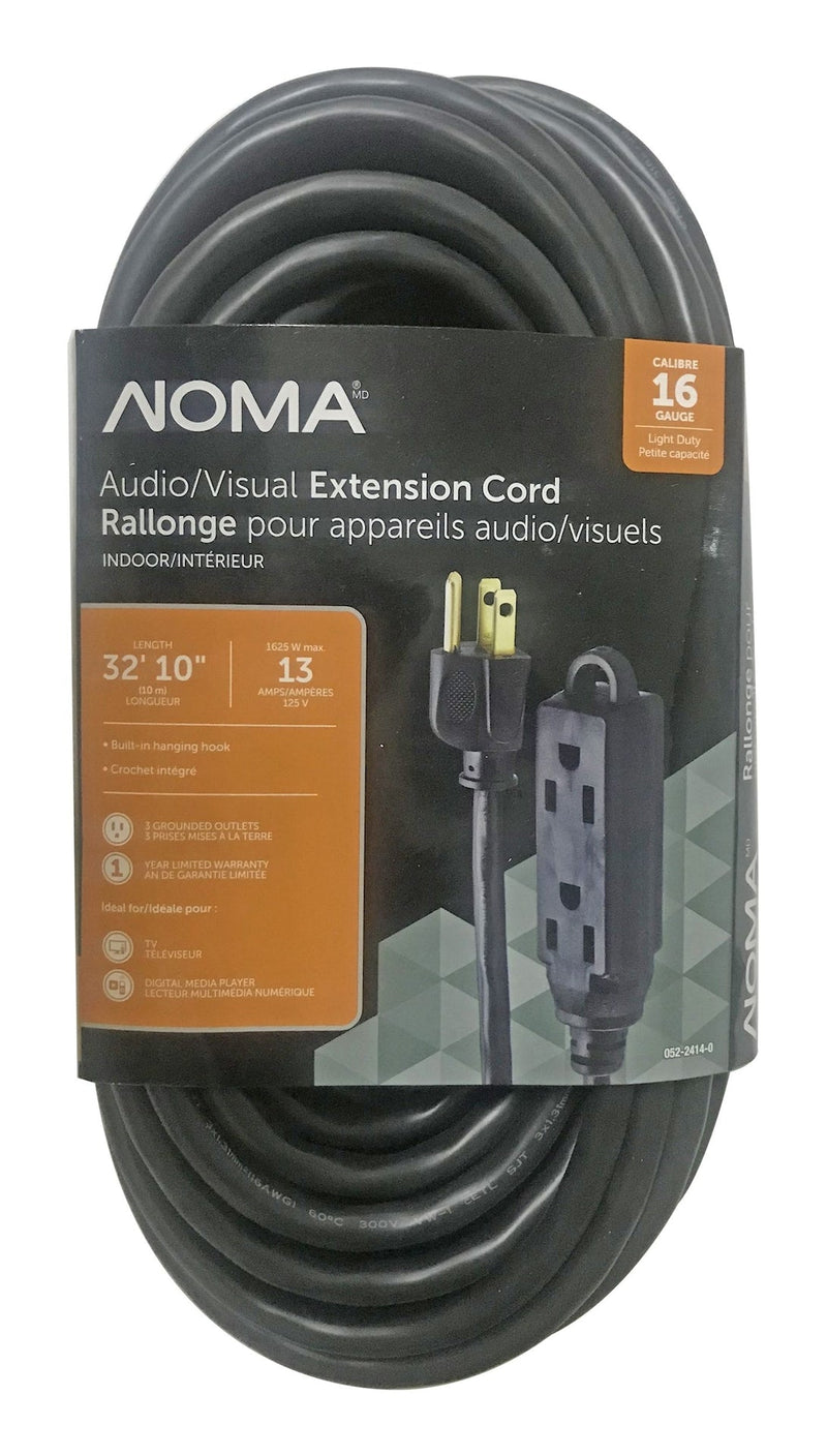 NOMA 32-ft 10-in 16/3 Light Duty Extension Cord with 3 Grounded Outlets. Audio / Visual, Black M7