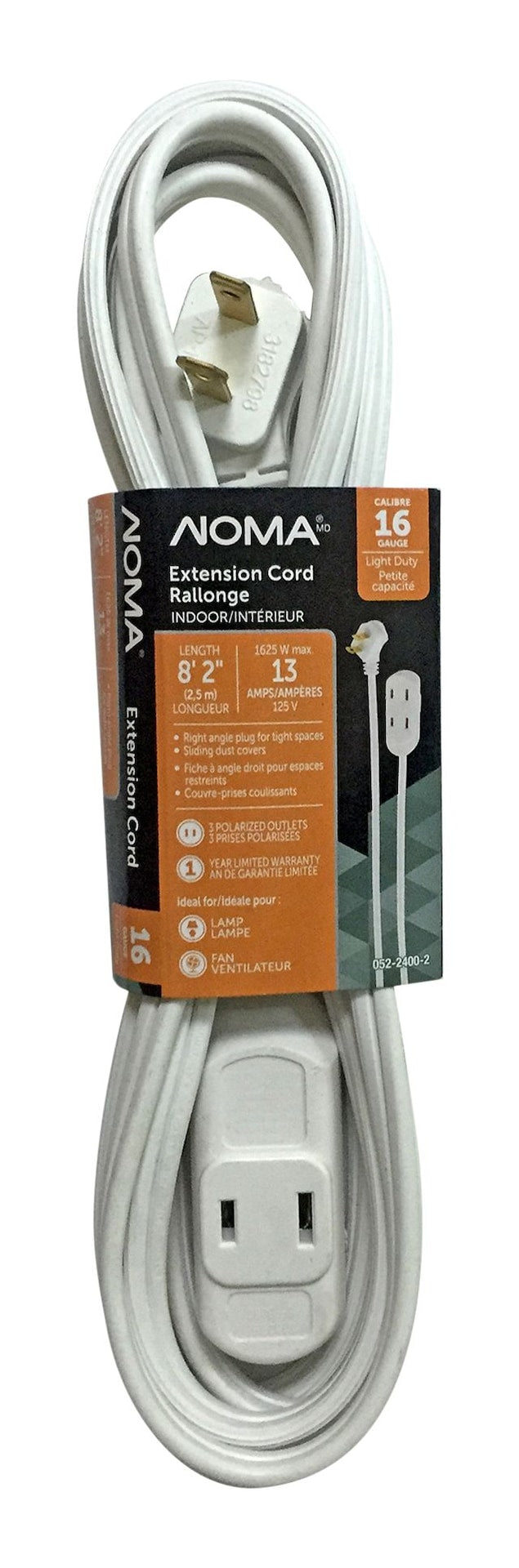 NOMA 8-ft 2-in 16/2 Extension Cord, Flat plug, 3 Outlets, White M0