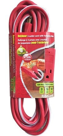 Ritecord 14-ft 7-in 16/3 Outdoor Extension Cord with 3 Grounded Outlets, Red/White/Green C1