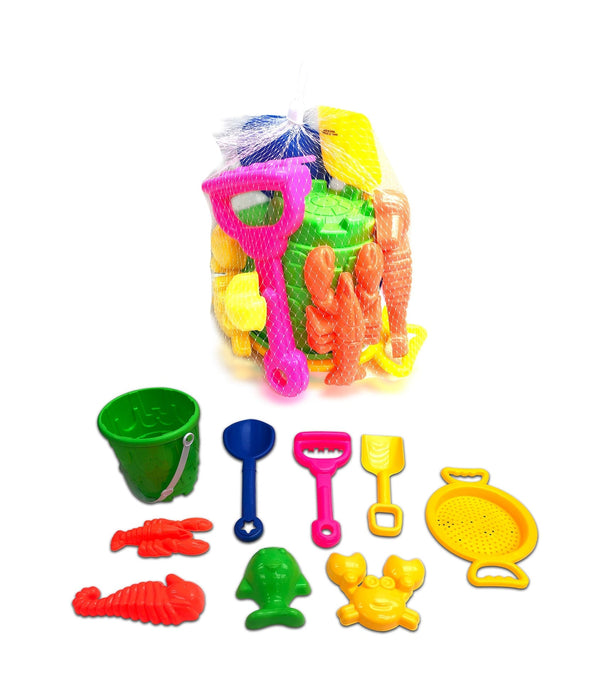 Sand Plastic Mold Toy Set with Bucket, Multi-Coloured, 9-pk, Ages 2+, for Summer/Beach Activities T4