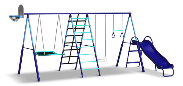 Sportspower Sunset Slam Kids' 7-Station LED Metal Swing Set Combo with Basketball Hoop & Slide W4
