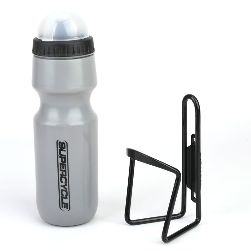Supercycle Wide Mouth Self-Sealing Bike Water Bottle withCage/Holder, BPA Free, Silver, 21-oz M9