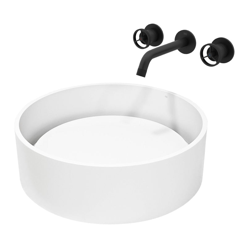 VIGO Anvil MatteStone Round White Composite Bathroom Sink/Basin Set with Cass Wall Mount Faucet and Pop-Up Drain M6