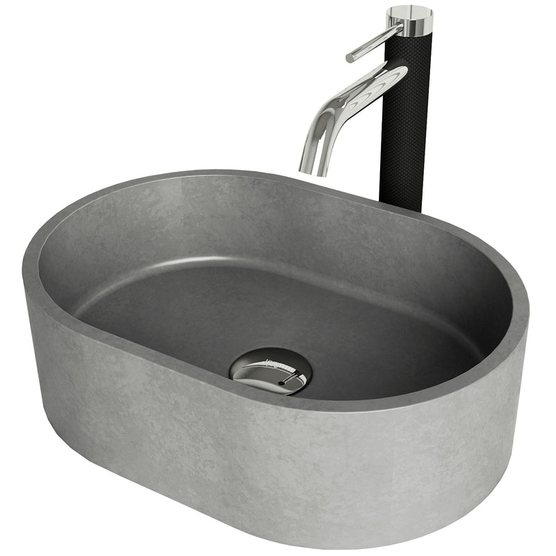 VIGO Giralda Gothic ConcretoStone Grey Bathroom Sink/Basin Set with Lexington Faucet and Oval Composite Vessel K7