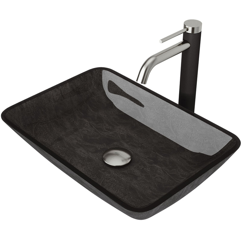 VIGO Glass Grey Onyx Bathroom Sink/Basin Set with Lexington Faucet and Rectangular Vessel Q9