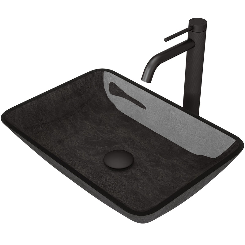 VIGO Glass Grey Onyx Bathroom Sink/Basin Set with Matte Black Lexington Faucet and Rectangular Vessel L6