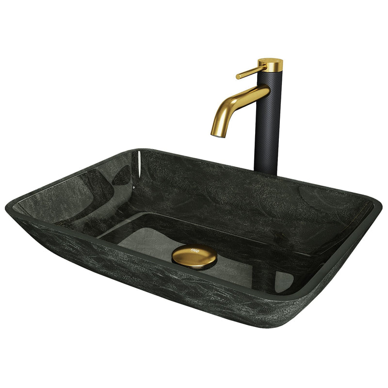 VIGO Glass Grey Onyx Bathroom Sink/Basin Set with Matte Gold Lexington Faucet and Rectangular Vessel L6