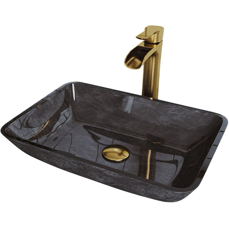 VIGO Glass Grey Onyx Bathroom Sink/Basin Set with Matte Gold Niko Faucet and Rectangular Vessel D5