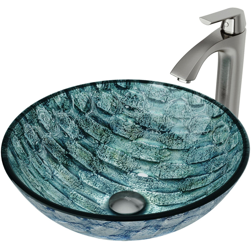 VIGO Glass Oceania Blue Bathroom Sink/Basin Set with Linus Faucet and Round Vessel E9